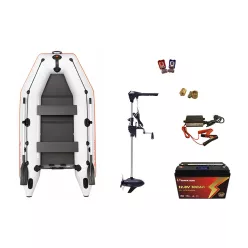  KOLIBRI KM-300 FARTÜKRÖS GUMICSÓNAK + HAIBO M-150 ELEKTROMOS CSÓNAKMOTOR + PERFEKTIUM PL LÍTIUM AKKUMULÁTOR 12.8V 100AH